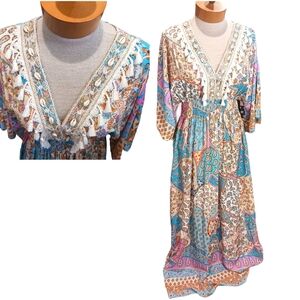 Small/ Medium Maxi Womens Dress Shell Boho Fringed Orange Pink Vacation SUMMER